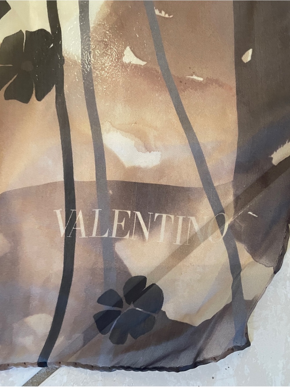 Valentino Floral Watercolor Silk Scarf in Brown, Black and Cream - Picture 3 of 13